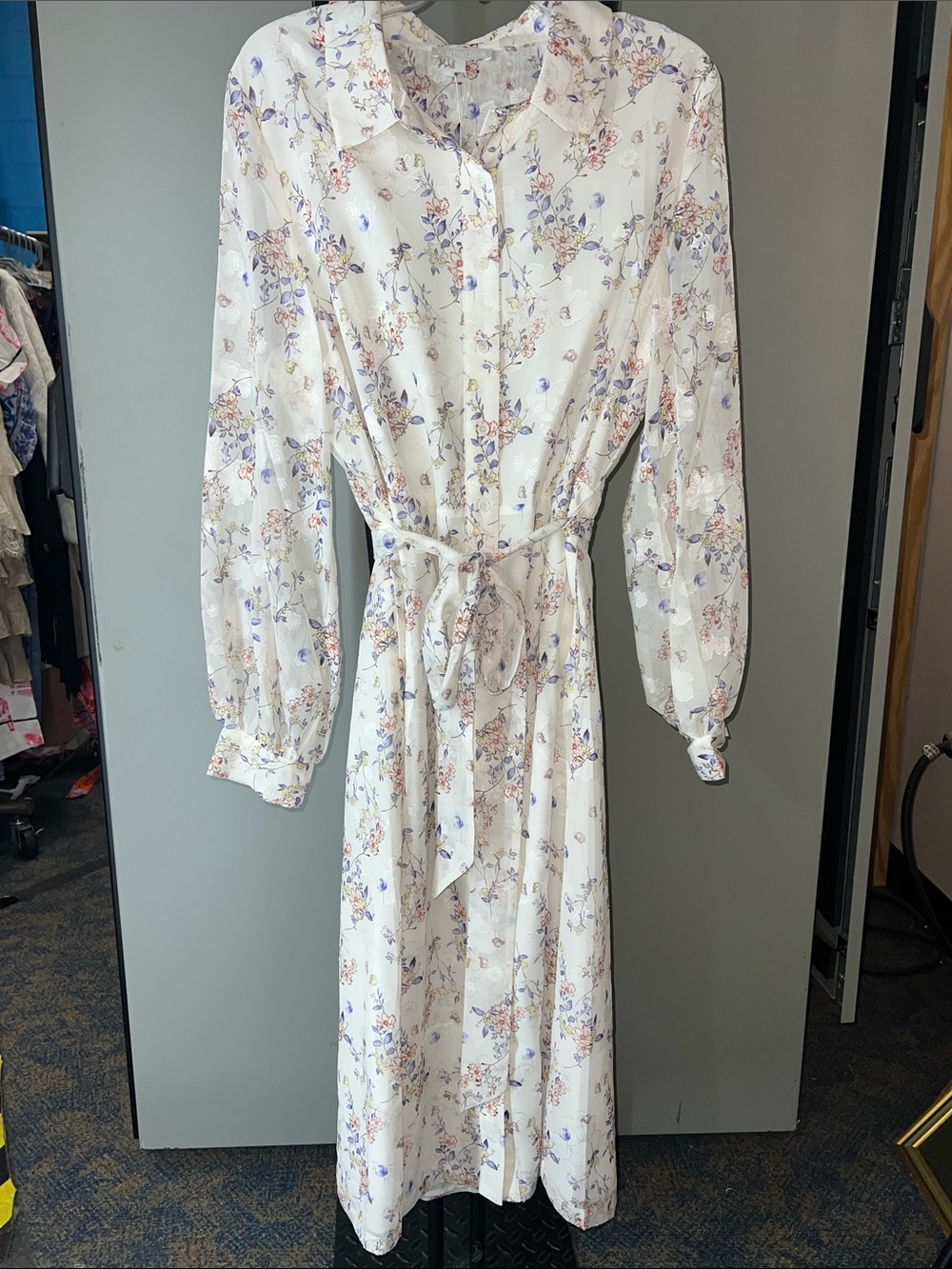 White Floral Maxi Shirt Dress with Tie Waist